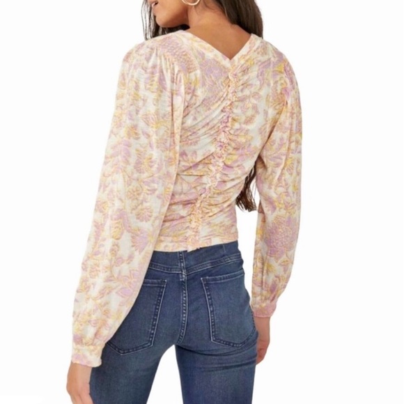 NWT Free People Say The Word Floral Ruched V-Neck Long Sleeve Top - Picture 3 of 7